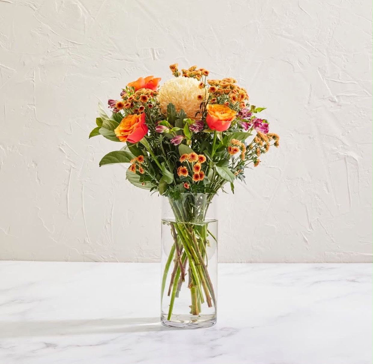 Autumn Sunset Fresh Roses & Chrysanthemums in Glass Vase
