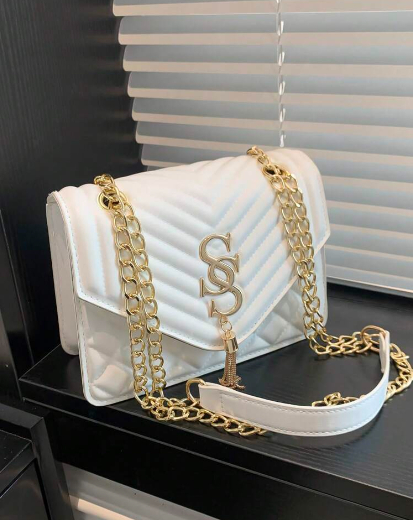 Ivory Quilted Chevron Gold Chain Crossbody Bag