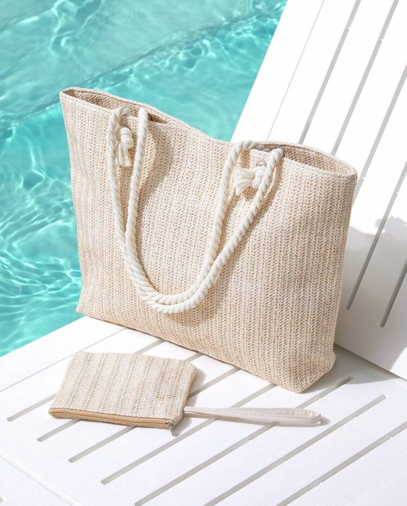 Woven Straw Rope-Handle Beach Tote & Pouch Set