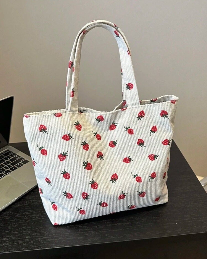 Strawberry Print Corduroy Everyday Tote Bag