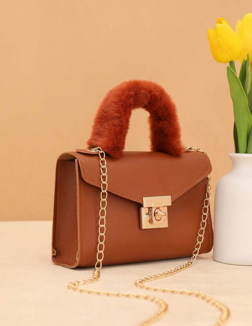 Cognac Faux Fur Handle Gold Chain Mini Flap Bag
