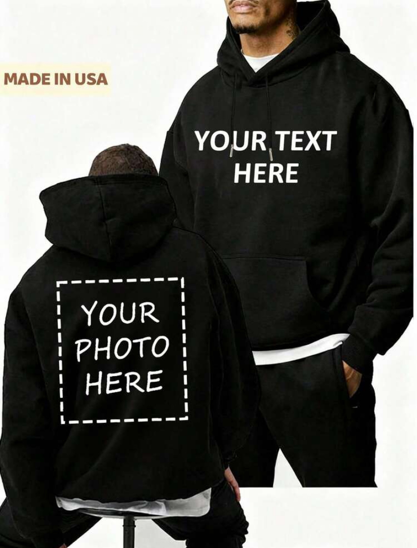 Custom Text & Photo Print Heavyweight Black Hoodie — Made in USA
