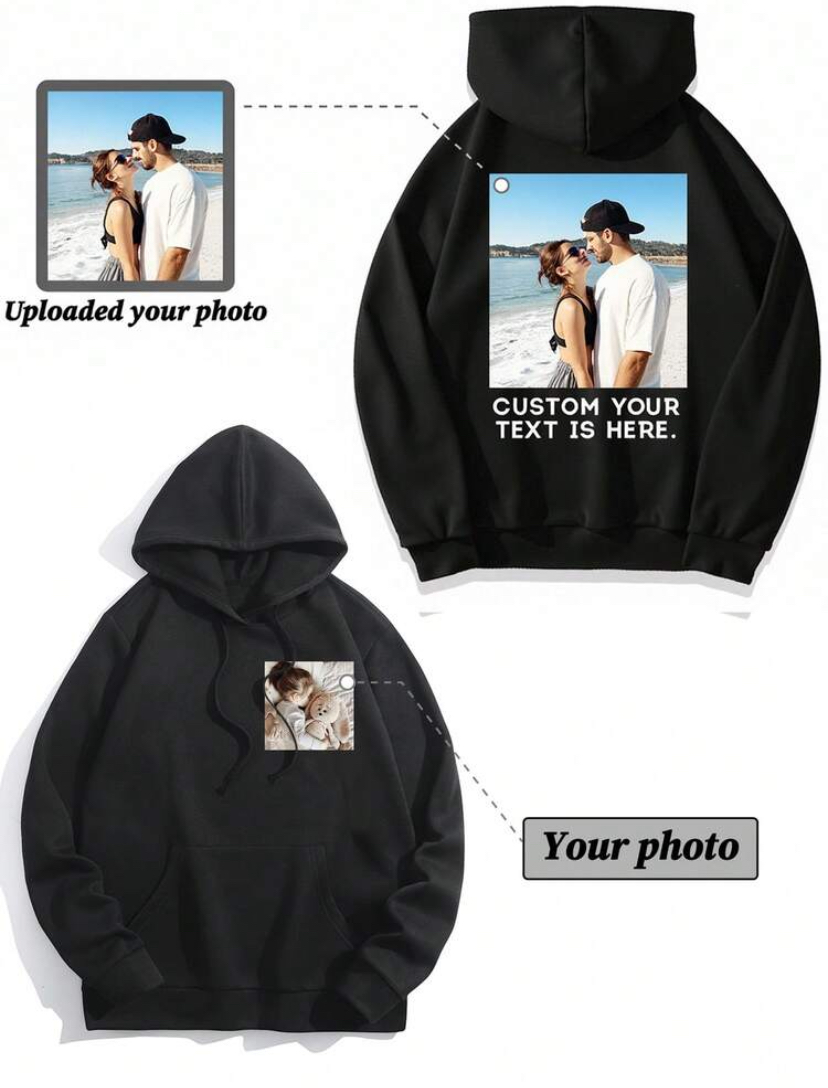 Custom Photo Print Pullover Hoodie — Front Pocket & Back