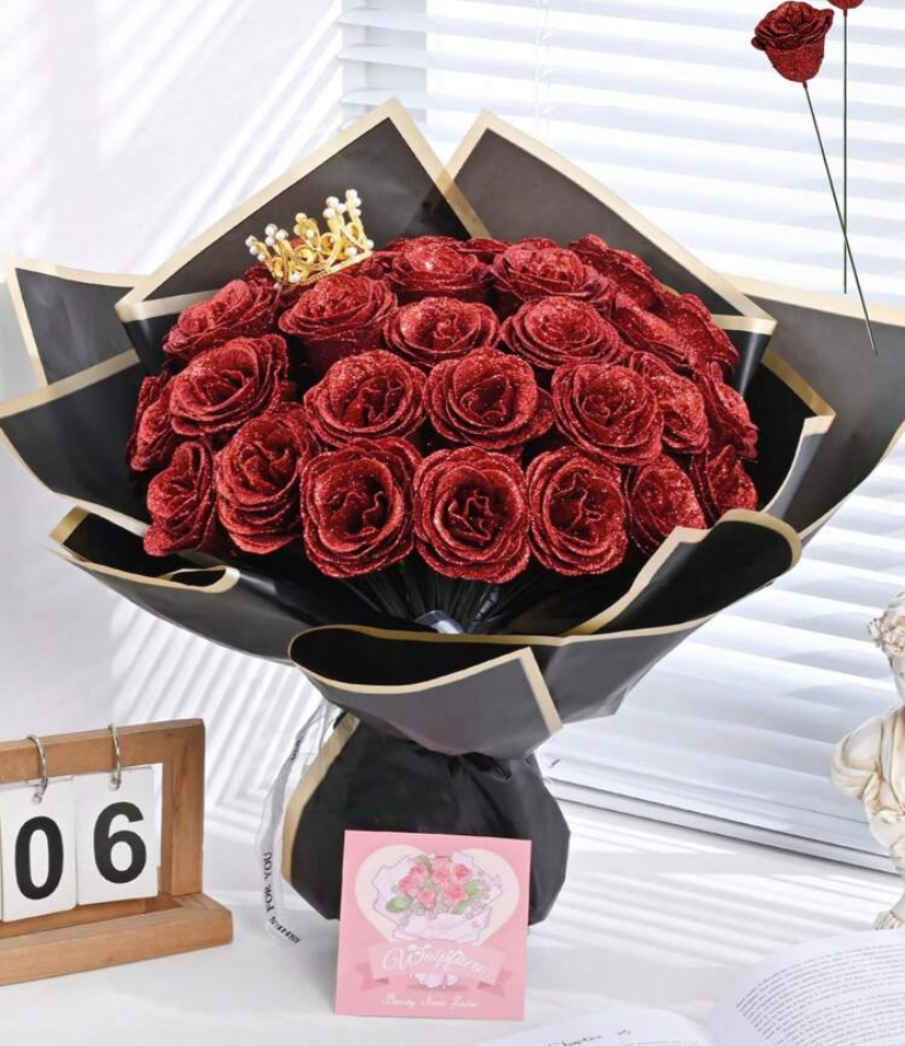 Glitter Red Rose Bouquet with Crown — Luxe Wrap