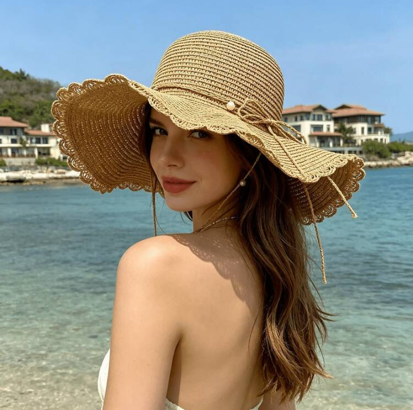 Wide-Brim Scalloped Straw Beach Sun Hat