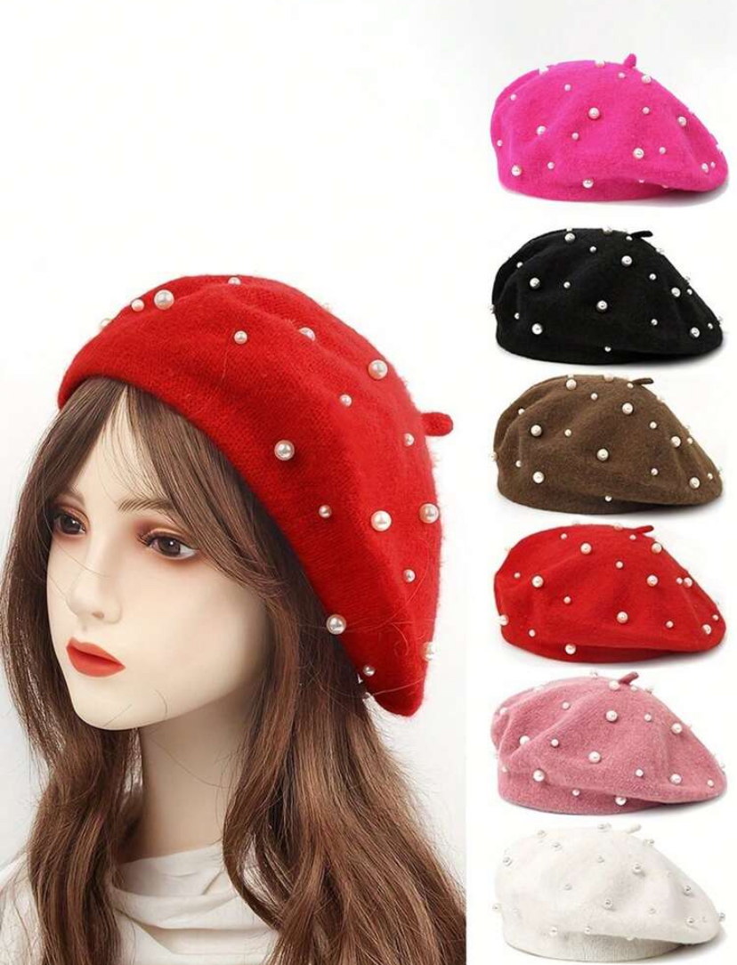 Pearl Embellished Wool Beret — 6 Colours