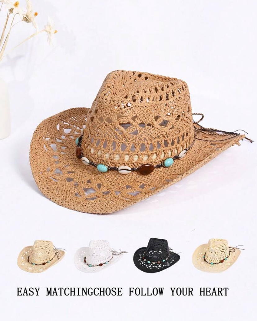 Hollow-Weave Western Cowboy Straw Hat with Beaded Band