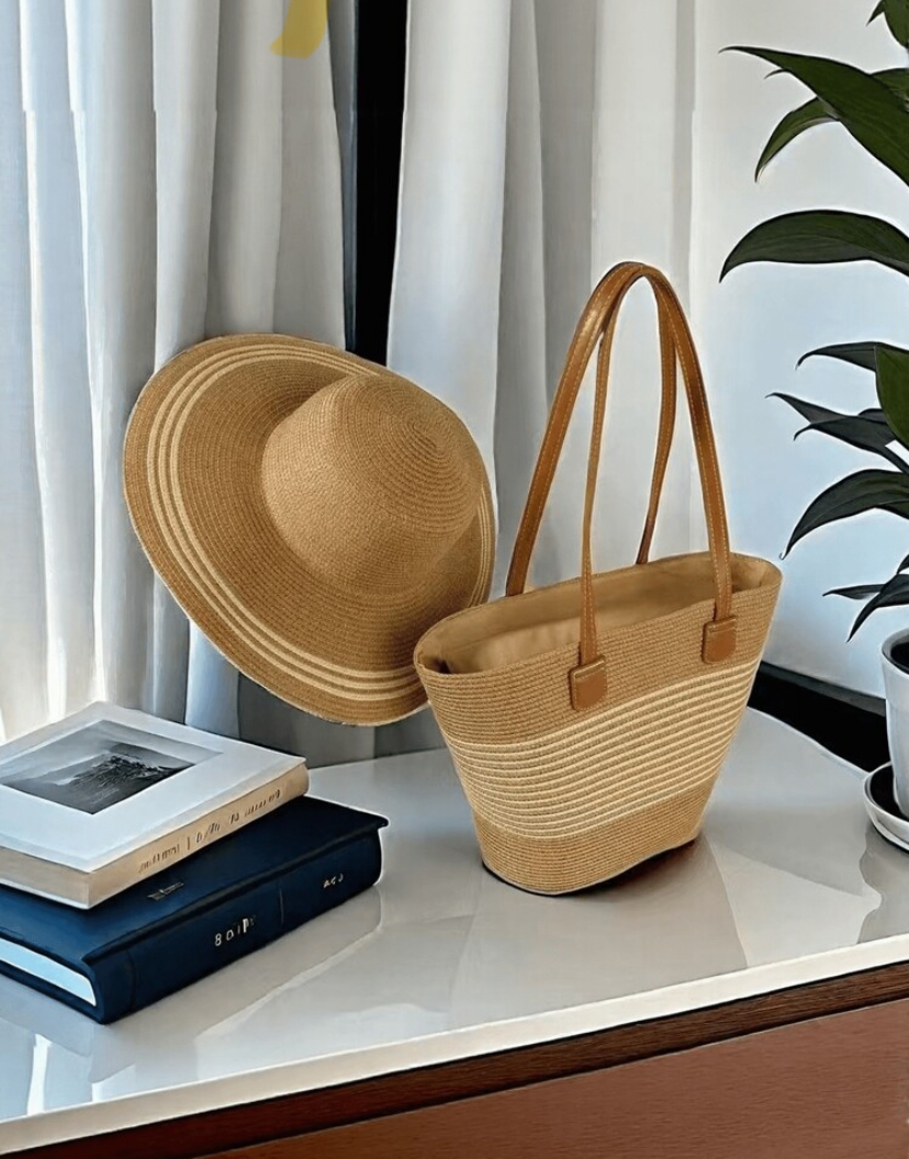Straw Sun Hat & Woven Tote Beach Set