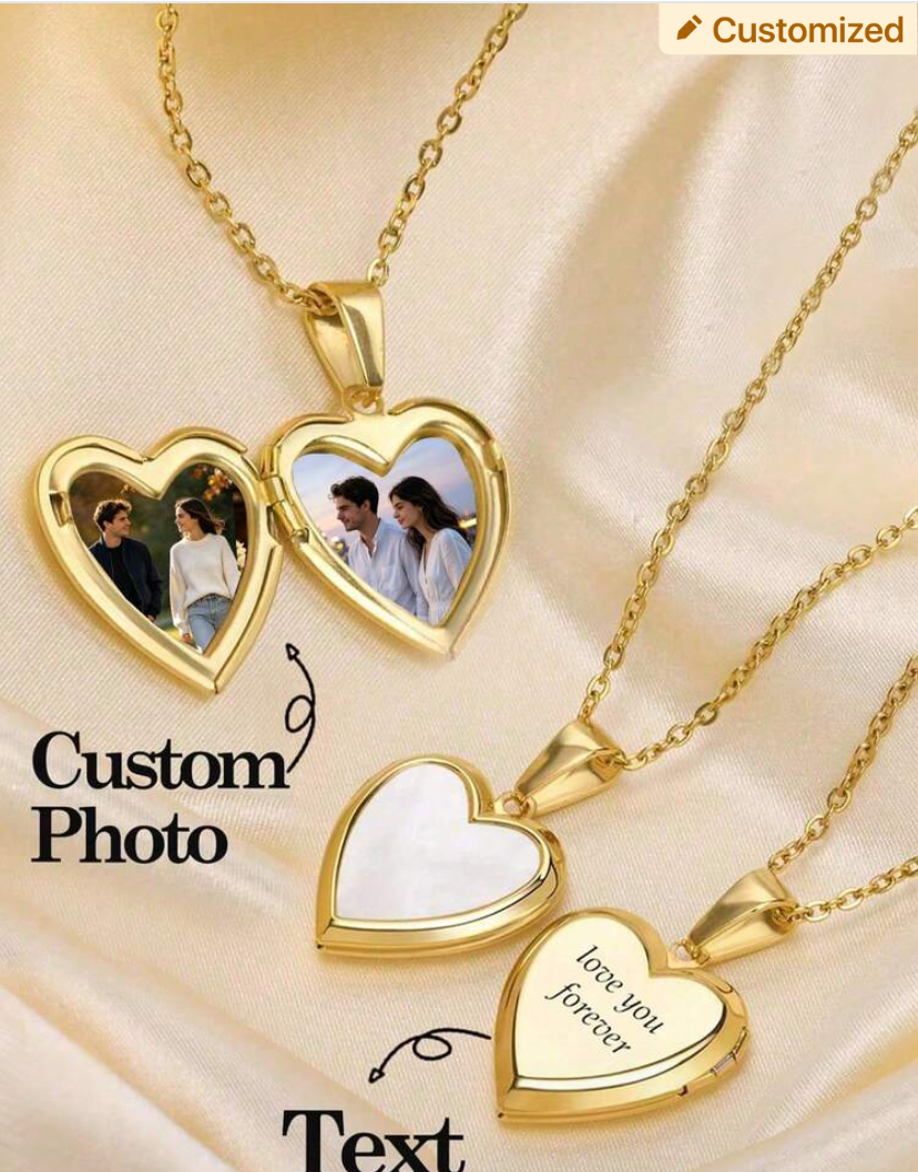 Customised Heart Photo Locket Necklace — Engraved Text