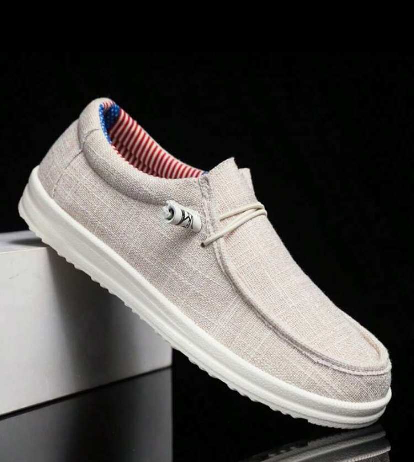 Men's Beige Linen Slip-On Canvas Deck Loafers