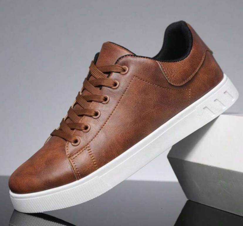 Men's Cognac Vegan Leather Lace-Up Court Sneakers