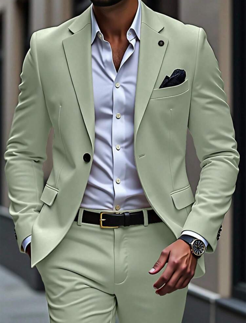 Sage Green Slim-Fit Two-Piece Men's Suit — Blazer & Trousers