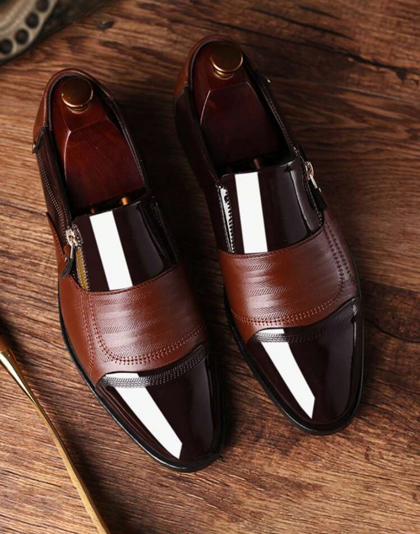 Men's Brown Patent Panel Slip-On Formal Dress Loafers