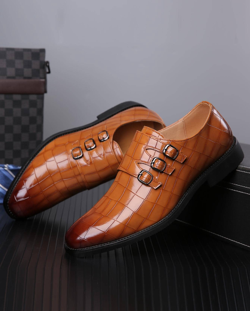 Men's Tan Croc-Print Triple Monk-Strap Dress Shoes
