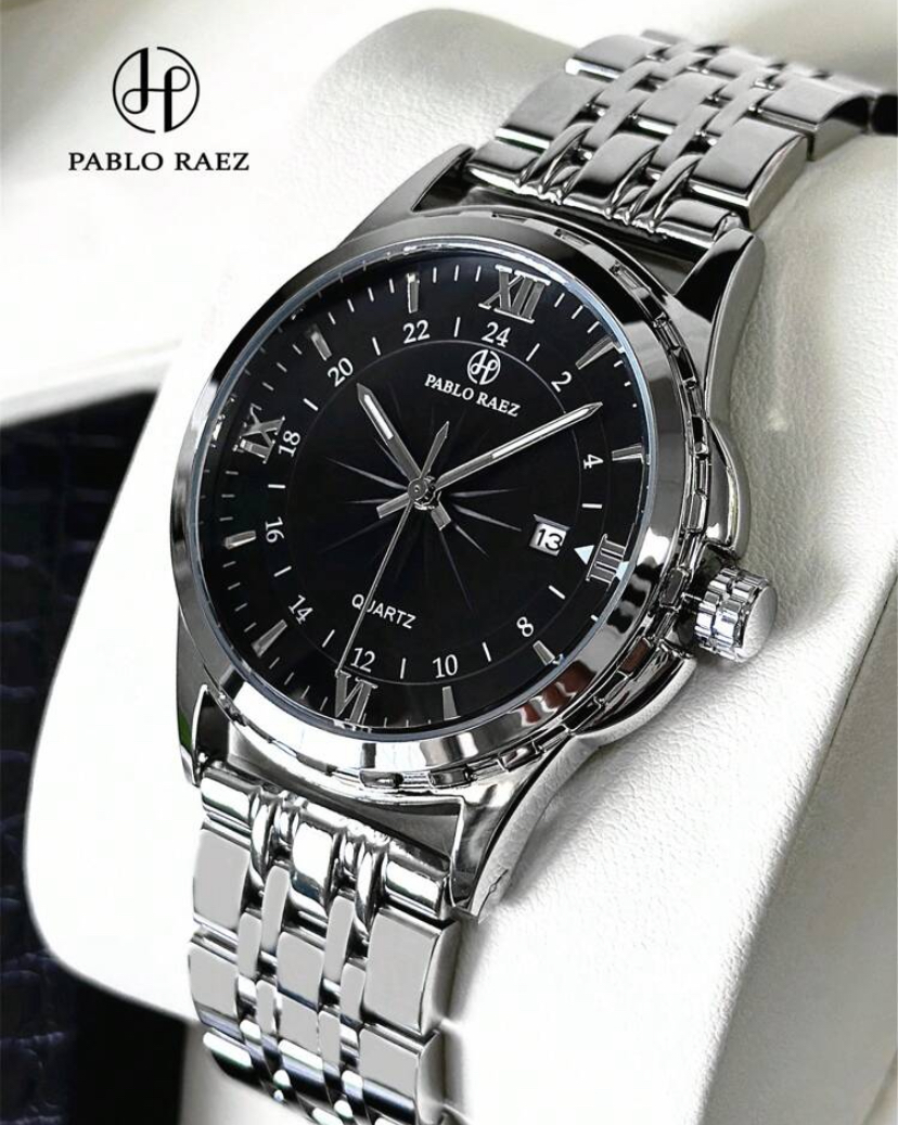Pablo Raez Silver Steel Bracelet Black Dial Quartz Watch — Men