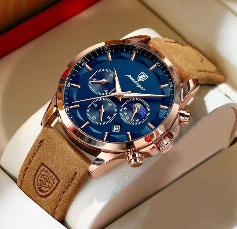 Poedagar Rose Gold Chronograph Blue Dial Tan Leather Watch