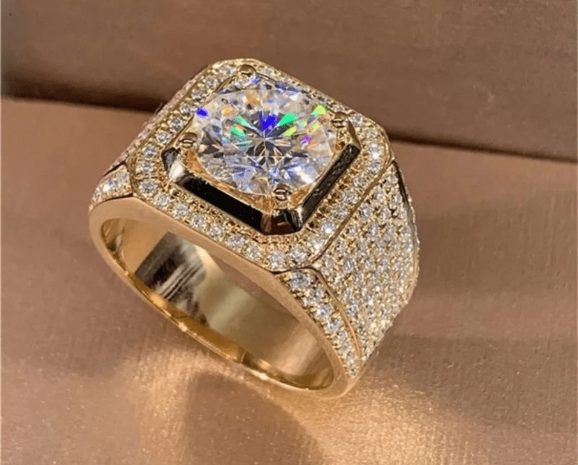 Men's Iced Diamond Square Halo Signet Ring — Gold