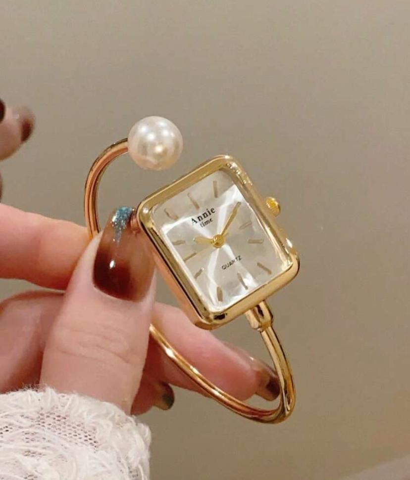 Annie Time Gold Pearl-Accent Rectangular Bangle Watch