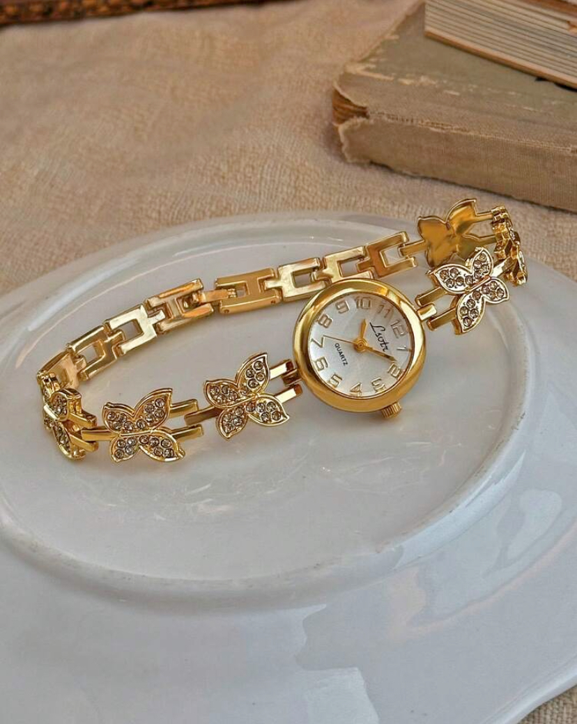 Gold Butterfly Rhinestone Link Bracelet Quartz Watch