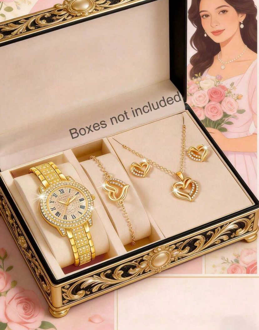 Rhinestone Roman Watch & Heart Necklace 4-Piece Jewellery Set