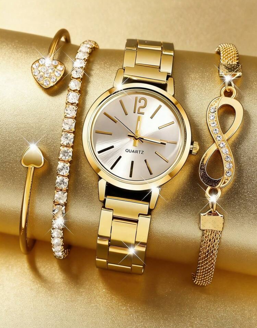 Gold Quartz Watch & Crystal Infinity Bracelet 4-Piece Stack Set
