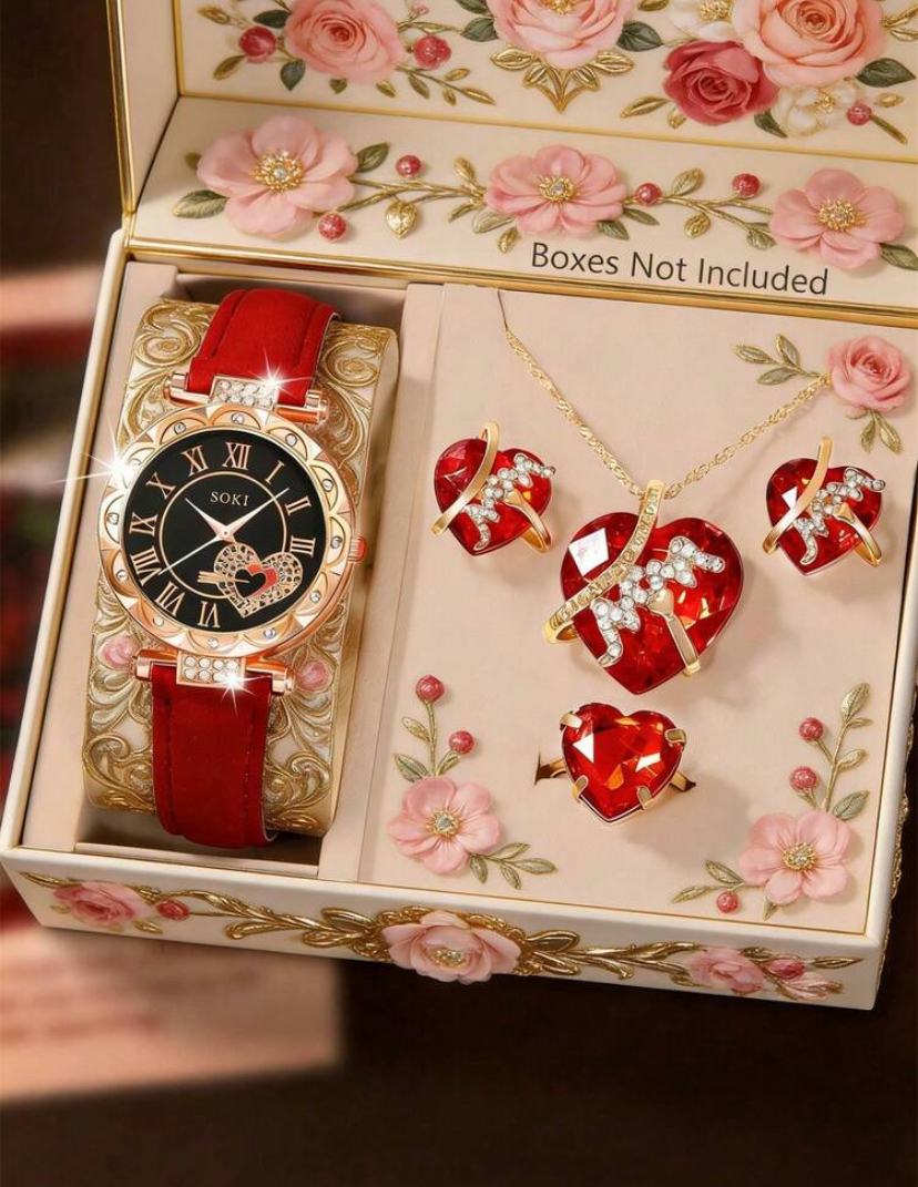 SOKI Red Leather Rhinestone Watch & Ruby Heart Jewellery 5-Piece Set