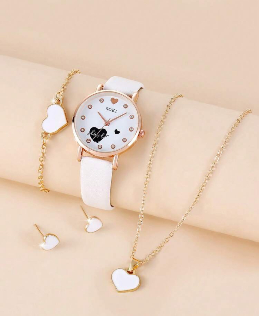 SOKI Ivory Love Heart Watch & White Heart Jewellery 4-Piece Set