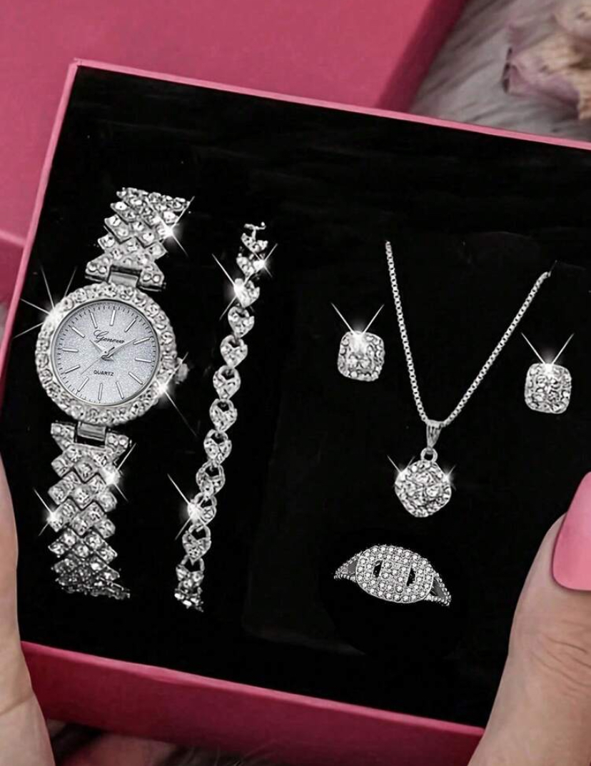 Geneva Silver Crystal Watch & Rhinestone Jewellery 5-Piece Gift Set