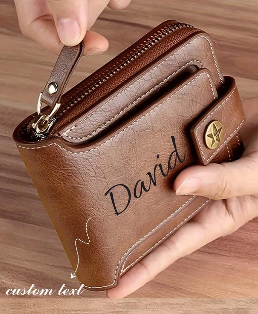 Personalised Cognac Leather Zip Bifold Men's Wallet — Custom Name
