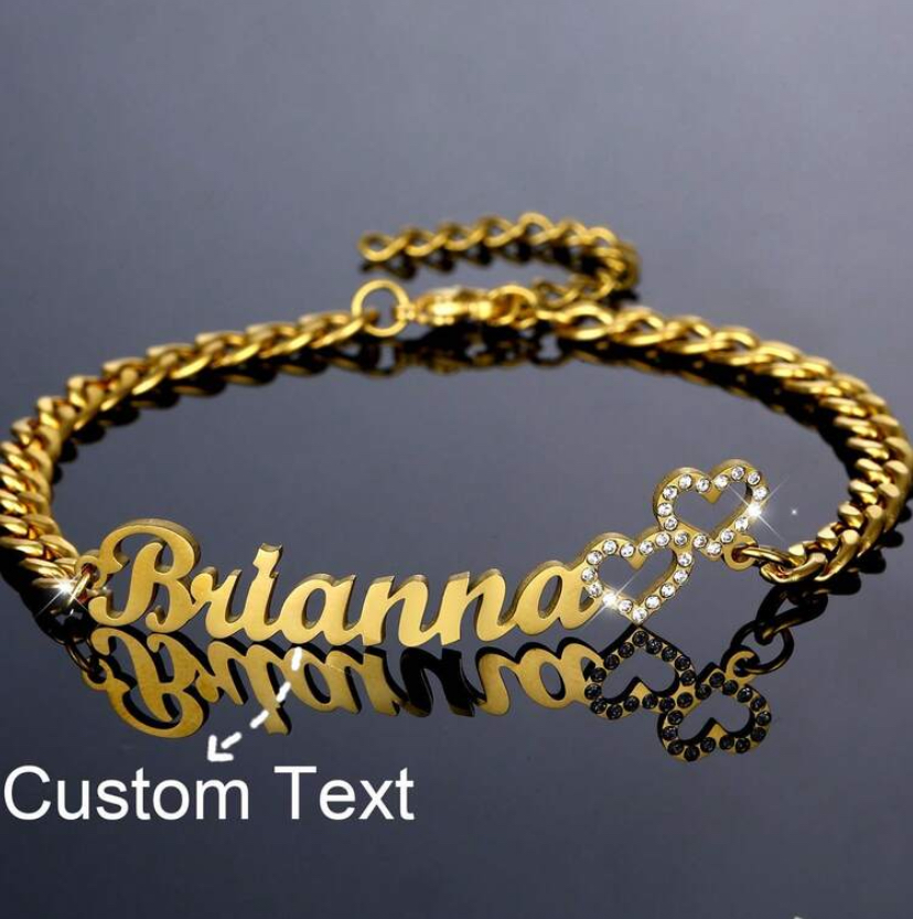 Customised Gold Name Chain Bracelet with Crystal Heart