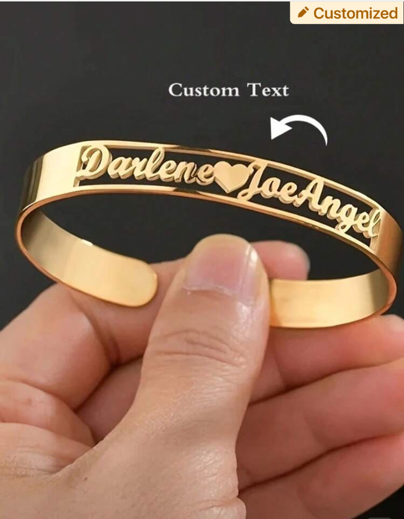 Customised Gold Couple Name Cuff Bracelet with Heart