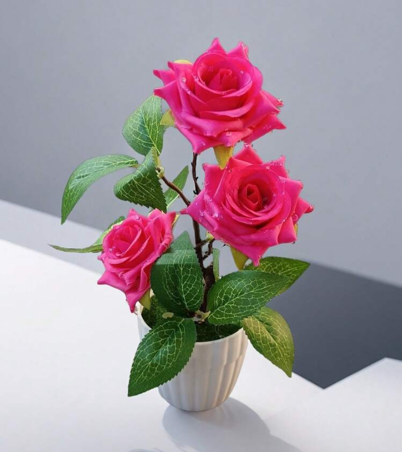 Potted Artificial Pink Rose Plant in Ceramic Vase