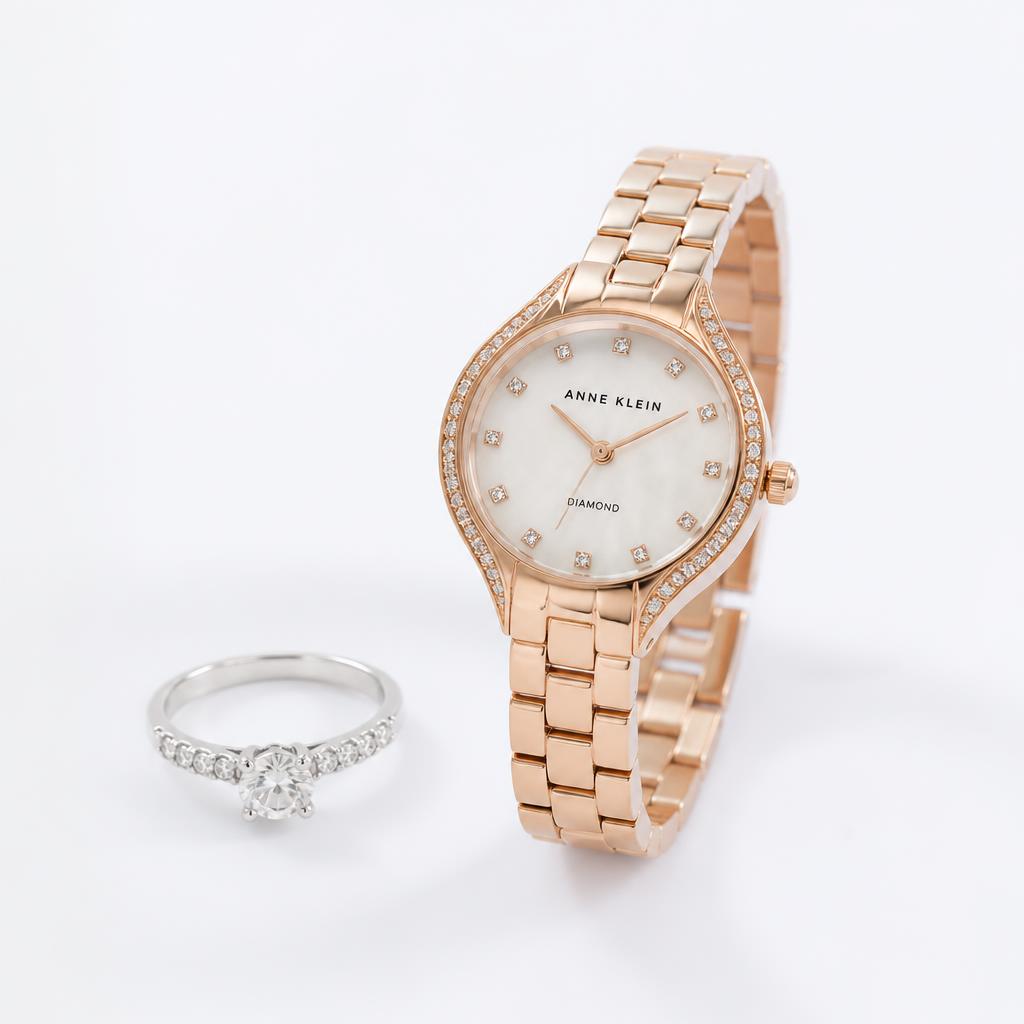Rose Gold Diamond Watch & Solitaire Ring Set — Women