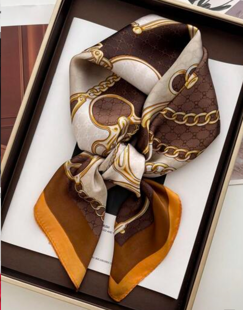 Chain-Print Silk Twill Square Scarf — Brown & Ochre