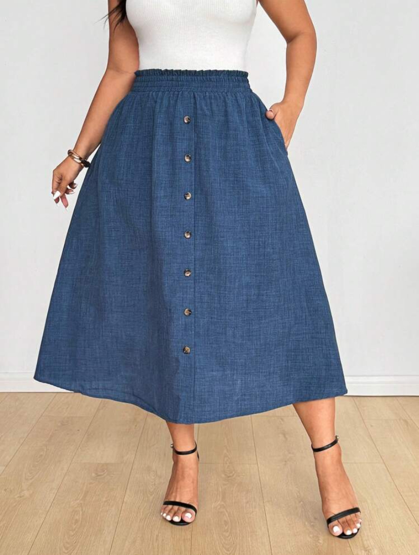 Denim Blue Button-Front Paperbag Waist Midi Skirt — Plus