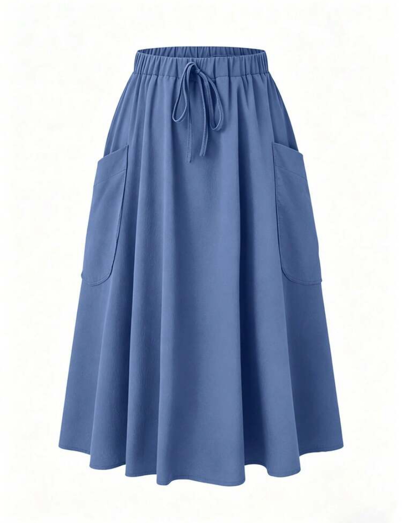 Cornflower Blue Drawstring Pocket A-Line Midi Skirt
