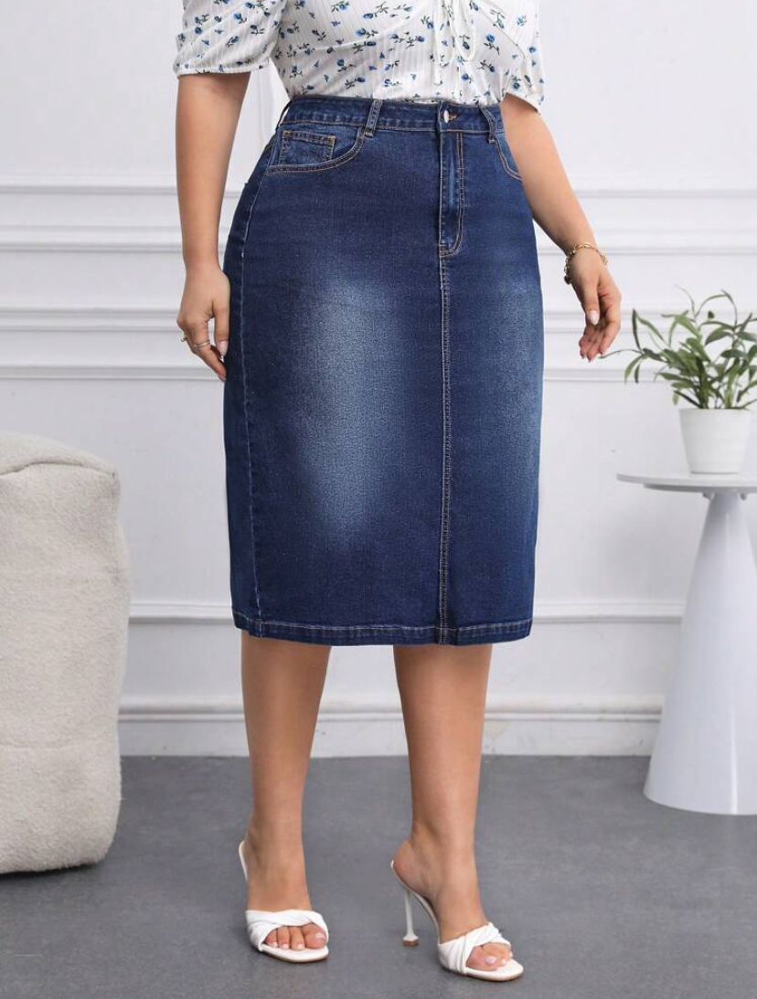 Dark Wash Denim Pencil Knee-Length Skirt — Plus