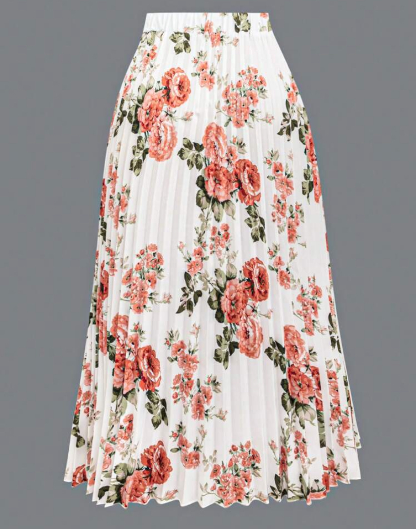 Ivory Coral Rose Print Pleated Chiffon Midi Skirt
