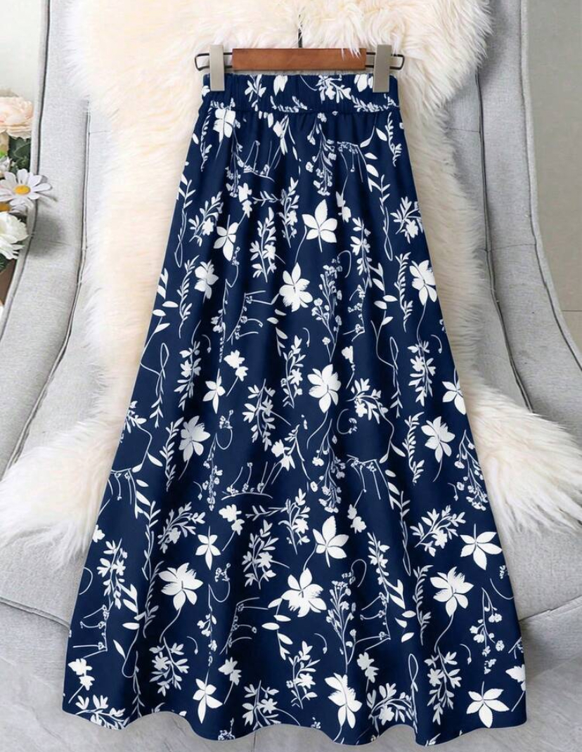 Navy White Wildflower Print Flowy A-Line Midi Skirt