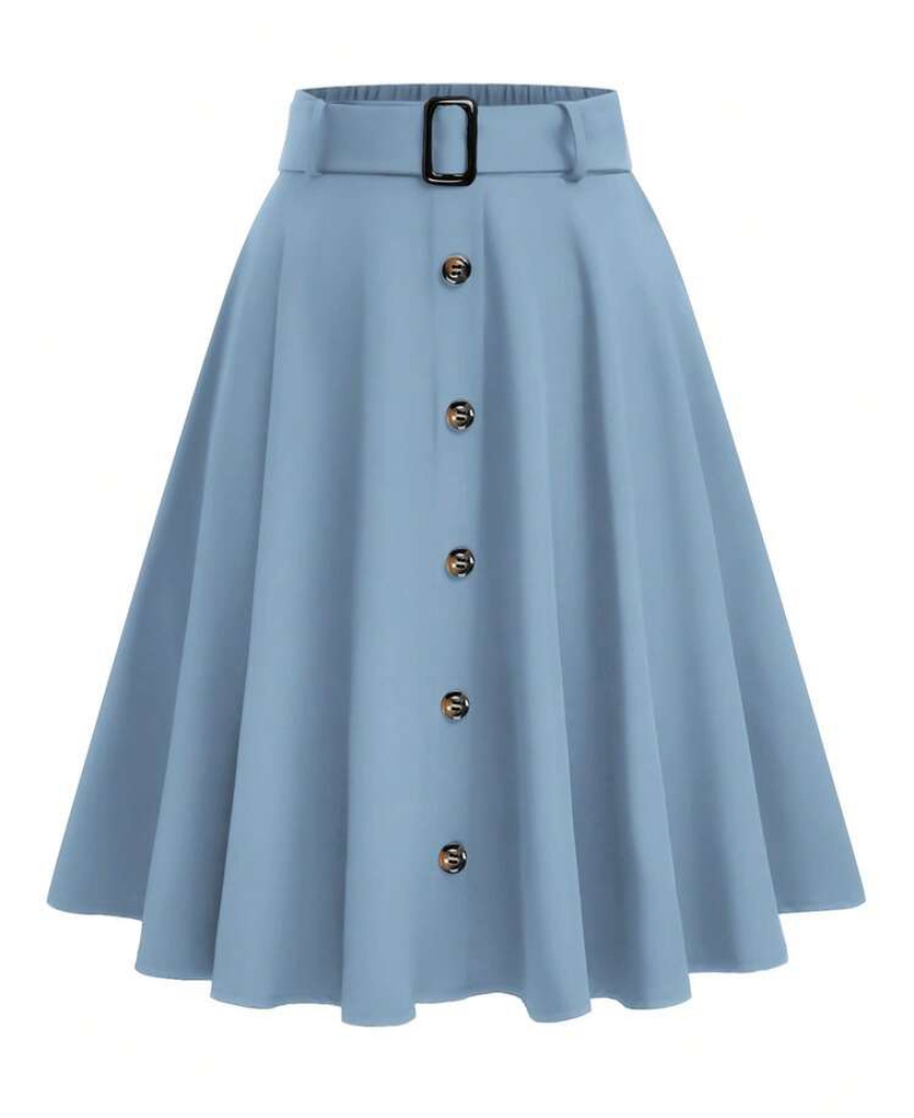 Sky Blue Belted Button-Front Flared Midi Skirt