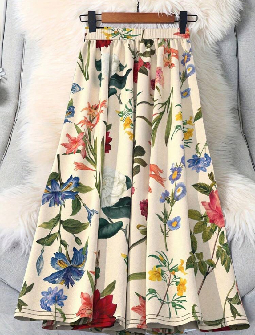 Ivory Botanical Garden Print Flowy A-Line Midi Skirt