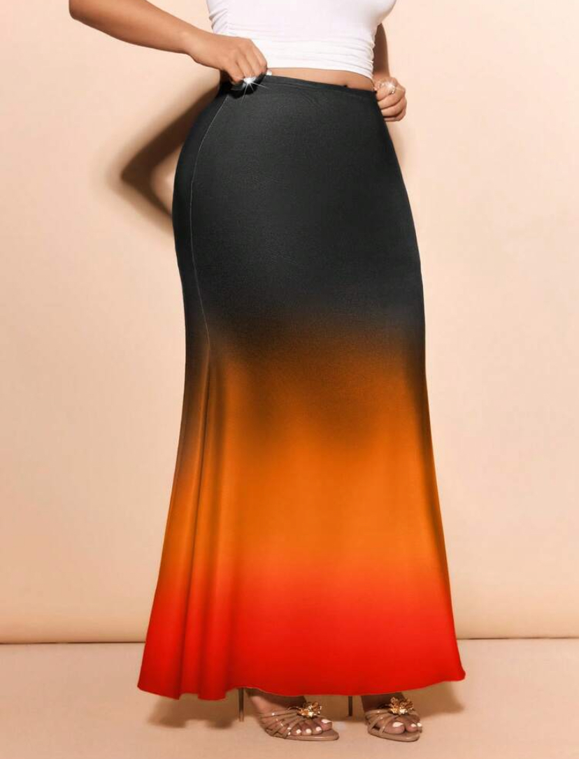 Black to Orange Ombré Fishtail Mermaid Maxi Skirt