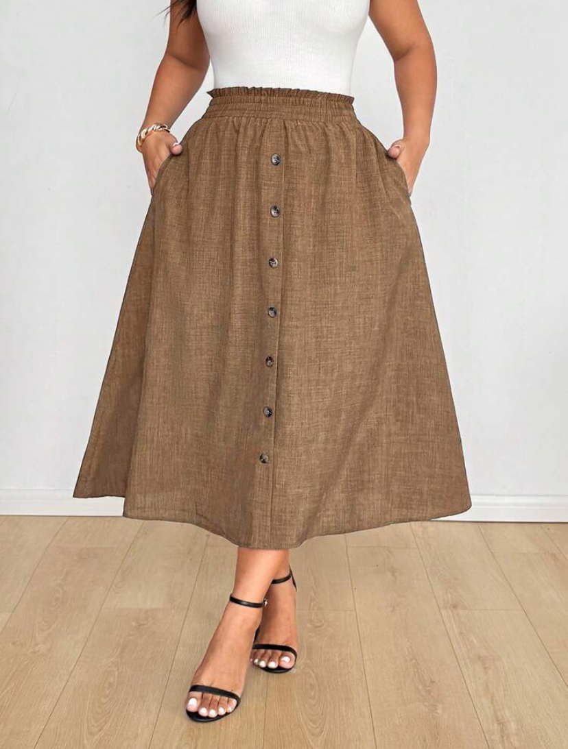 Chestnut Brown Button-Front Paperbag Waist Midi Skirt — Plus