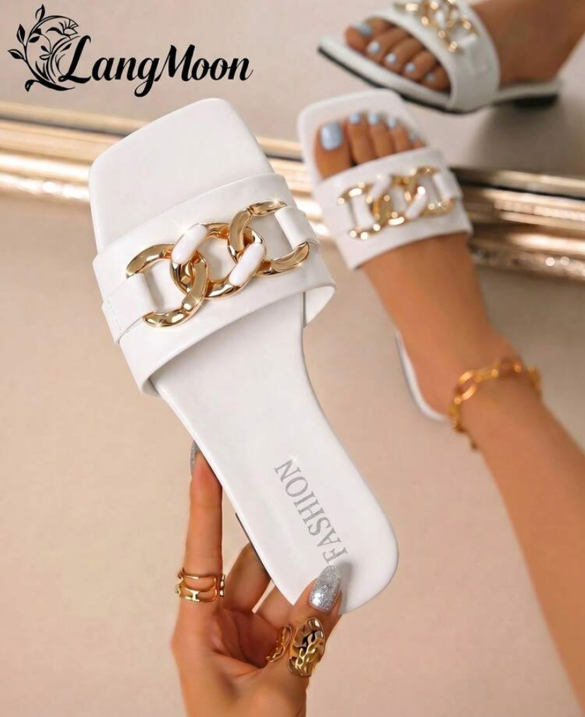 LangMoon Ivory Gold Chain Flat Slide Sandals
