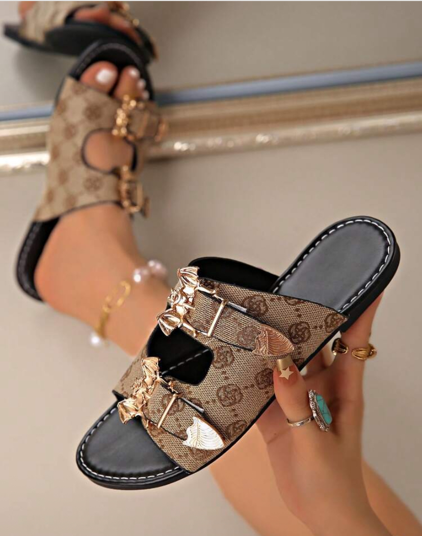 Monogram Canvas Double-Buckle Slide Sandals