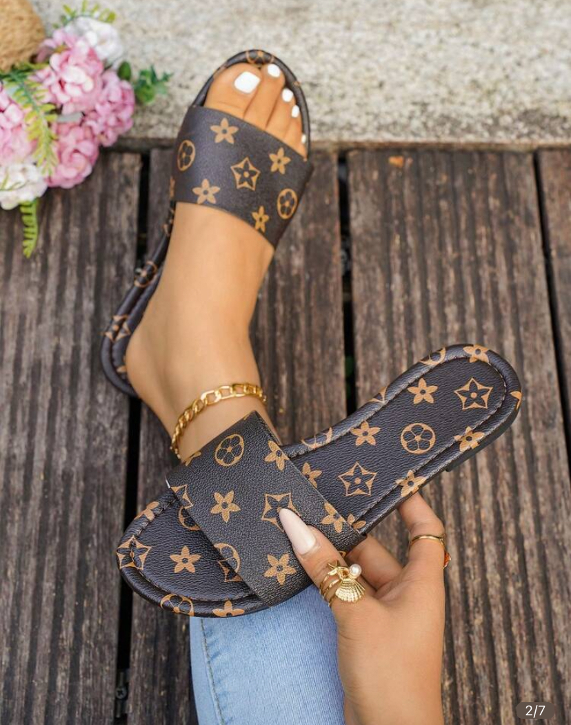 Brown Monogram Print Flat Slide Sandals