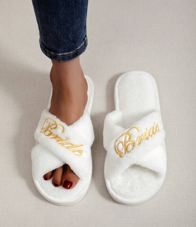 Bride Ivory Faux Fur Cross-Strap Slippers