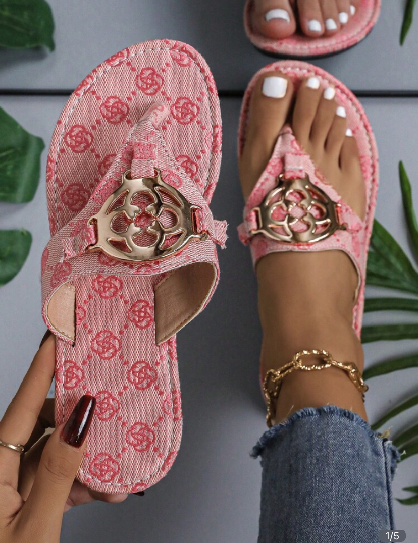 Pink Monogram Gold Medallion Thong Sandals