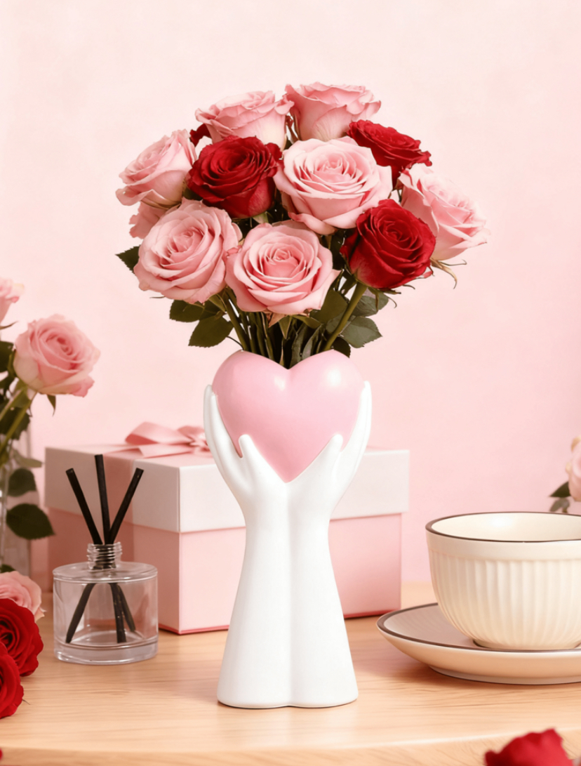 Heart in Hands Ceramic Flower Vase — Rose Gift