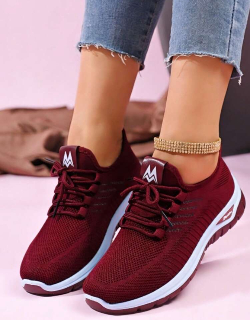 Burgundy Knit Cushioned Lace-Up Running Sneakers